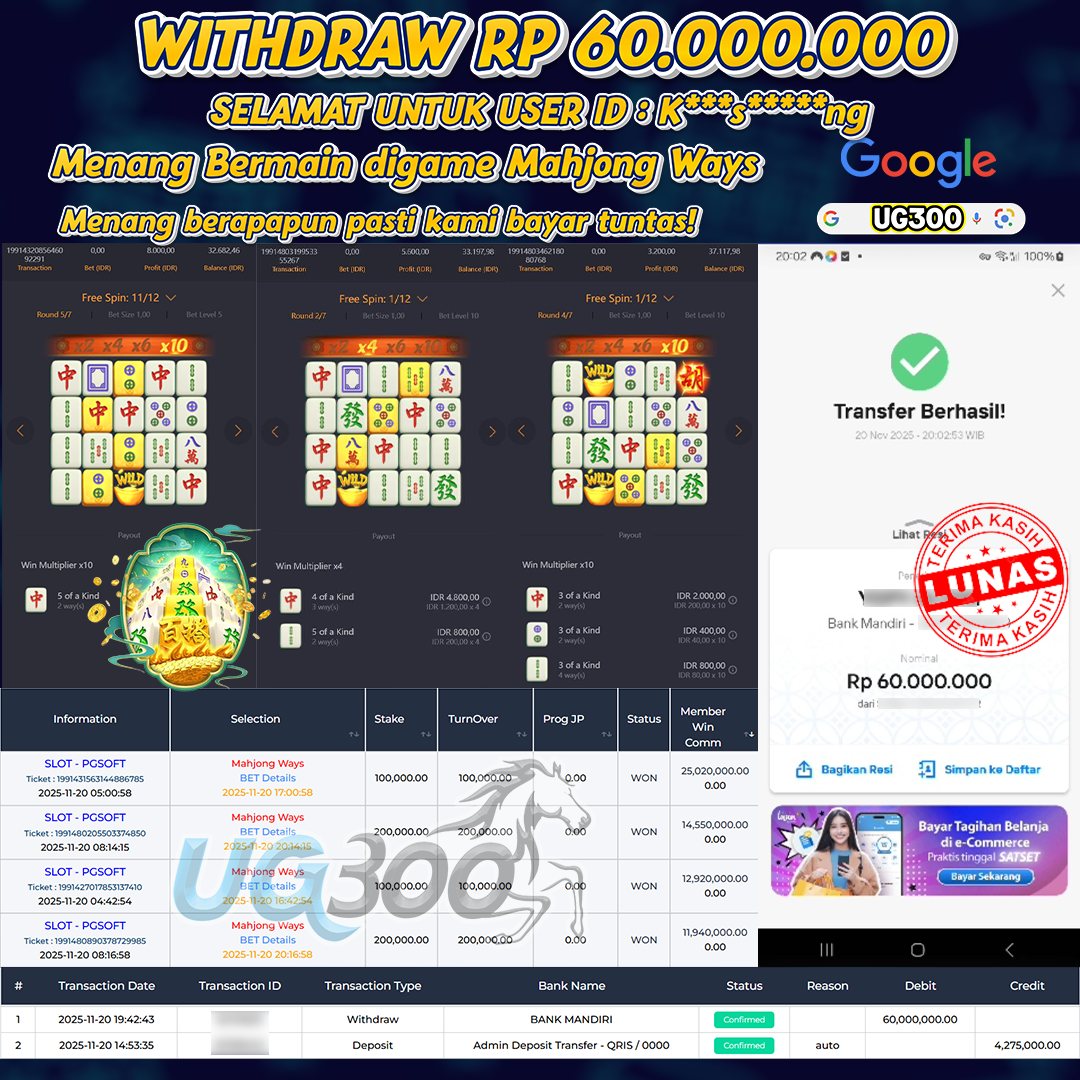 UG300 BERMAIN DI MAHJONG WAYS JACKPOT TANPA HENTI  Rp.60,000,000- DI BAYAR TUNTAS